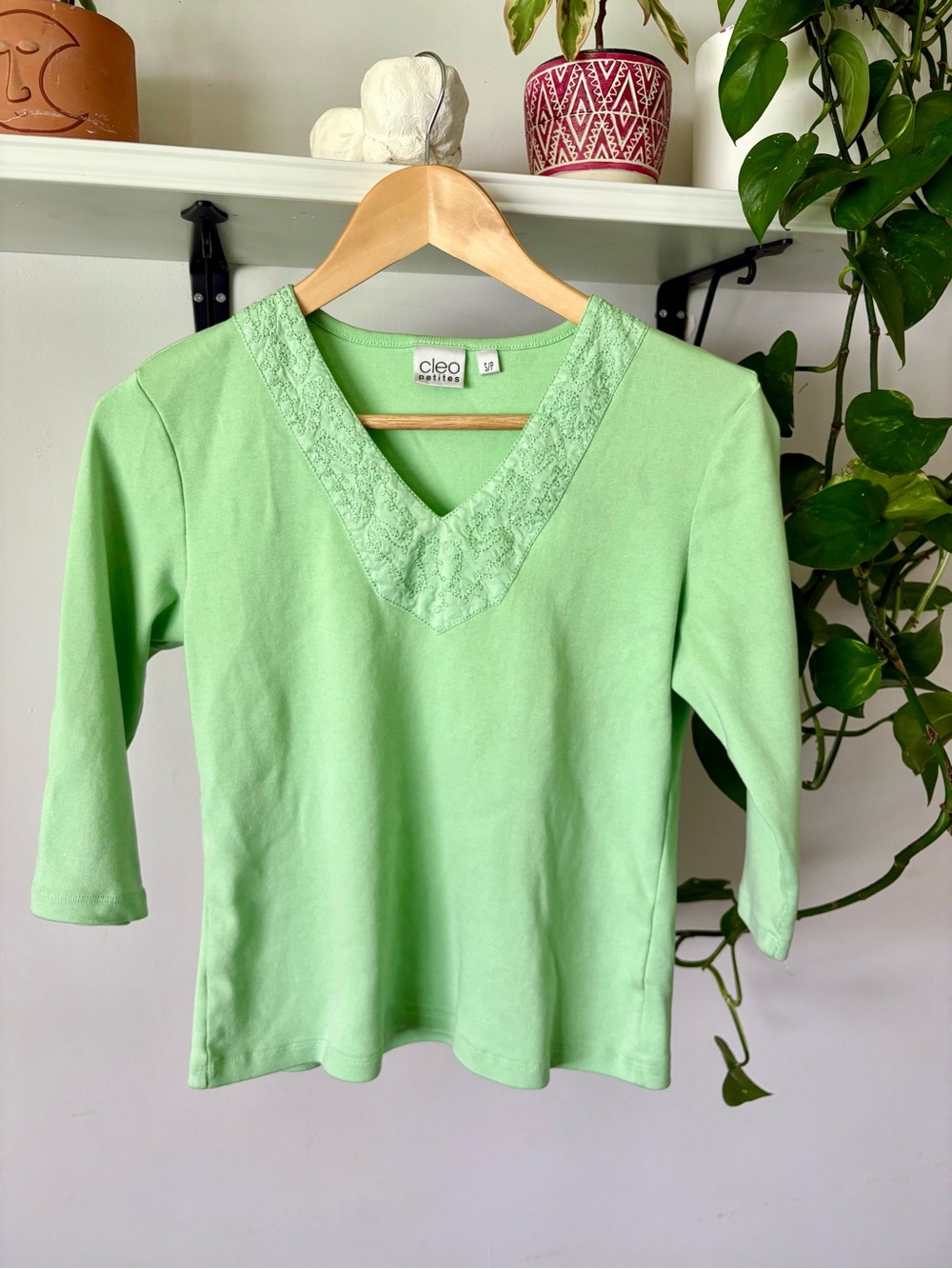 Cleo' Lace-Trim V-Neck Top in Light Green